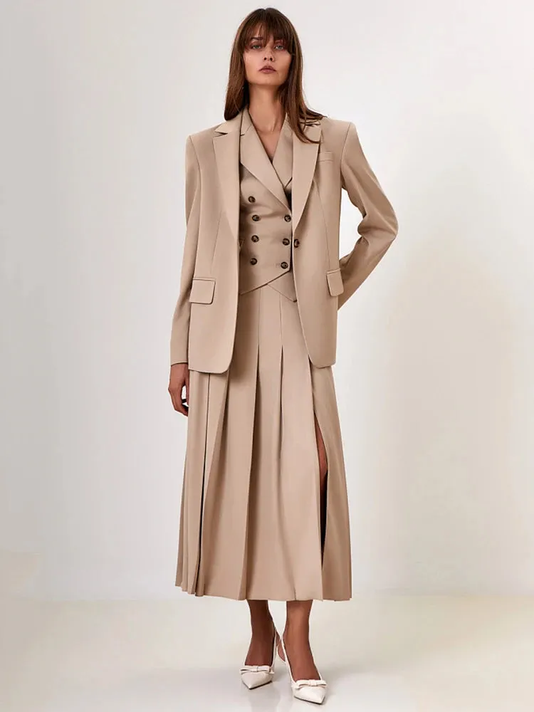 Two Piece Set Blazer Breasted Vest & High Waist Slit Skirt