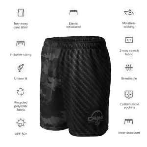 Unisex black camo and carbon fiber mesh shorts