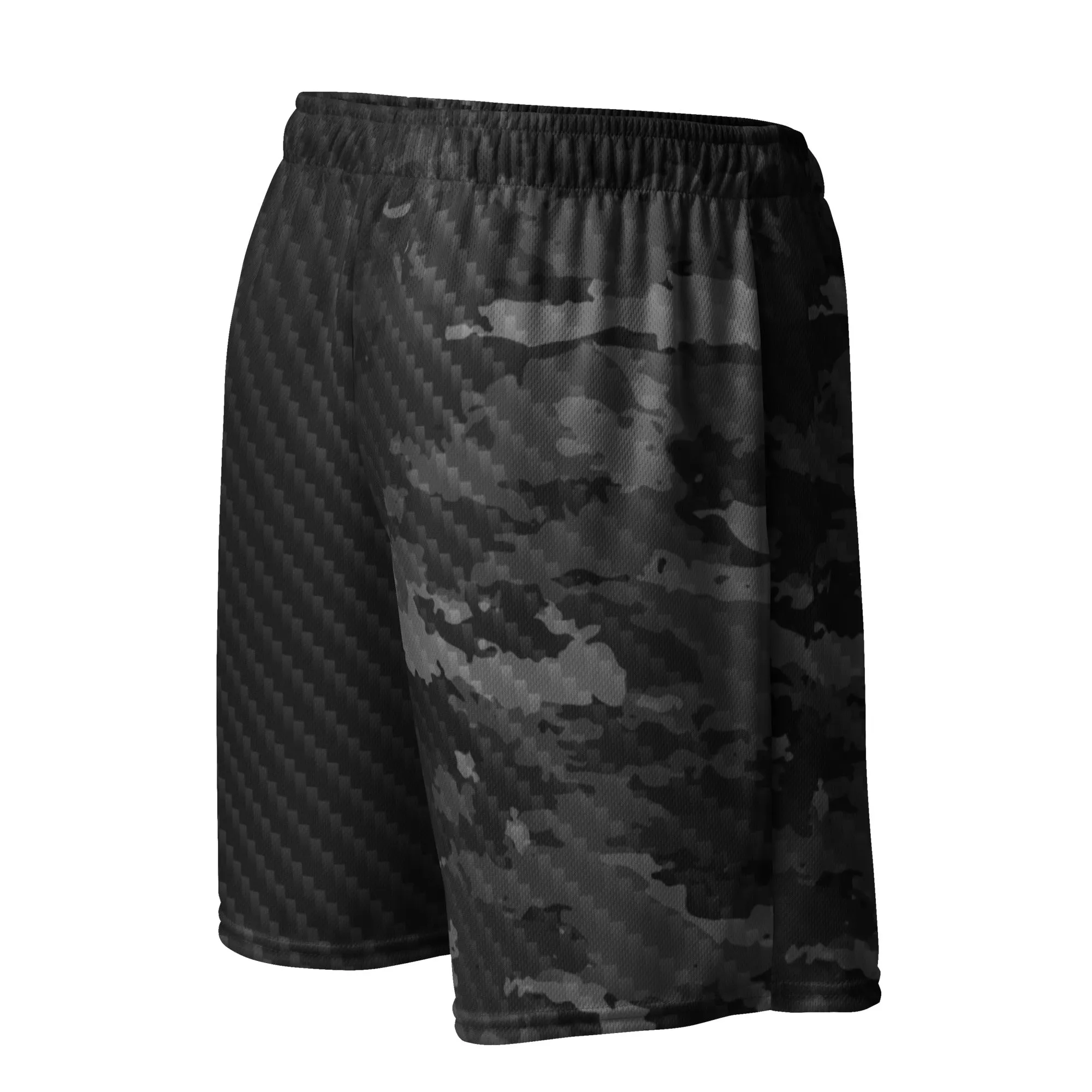 Unisex black camo and carbon fiber mesh shorts