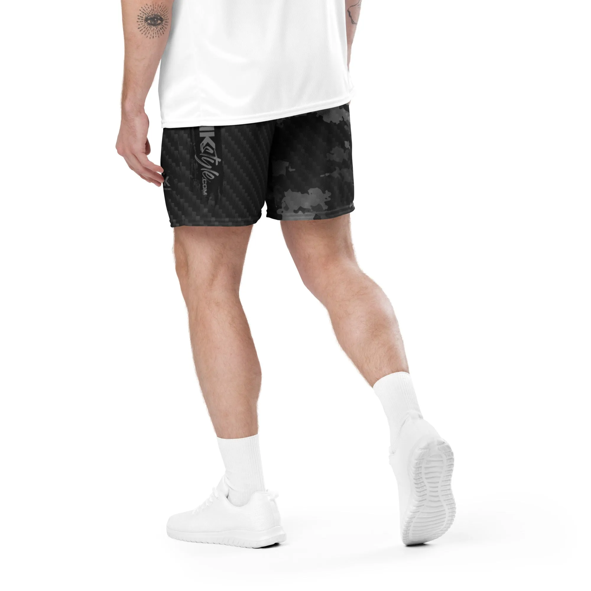 Unisex black camo and carbon fiber mesh shorts