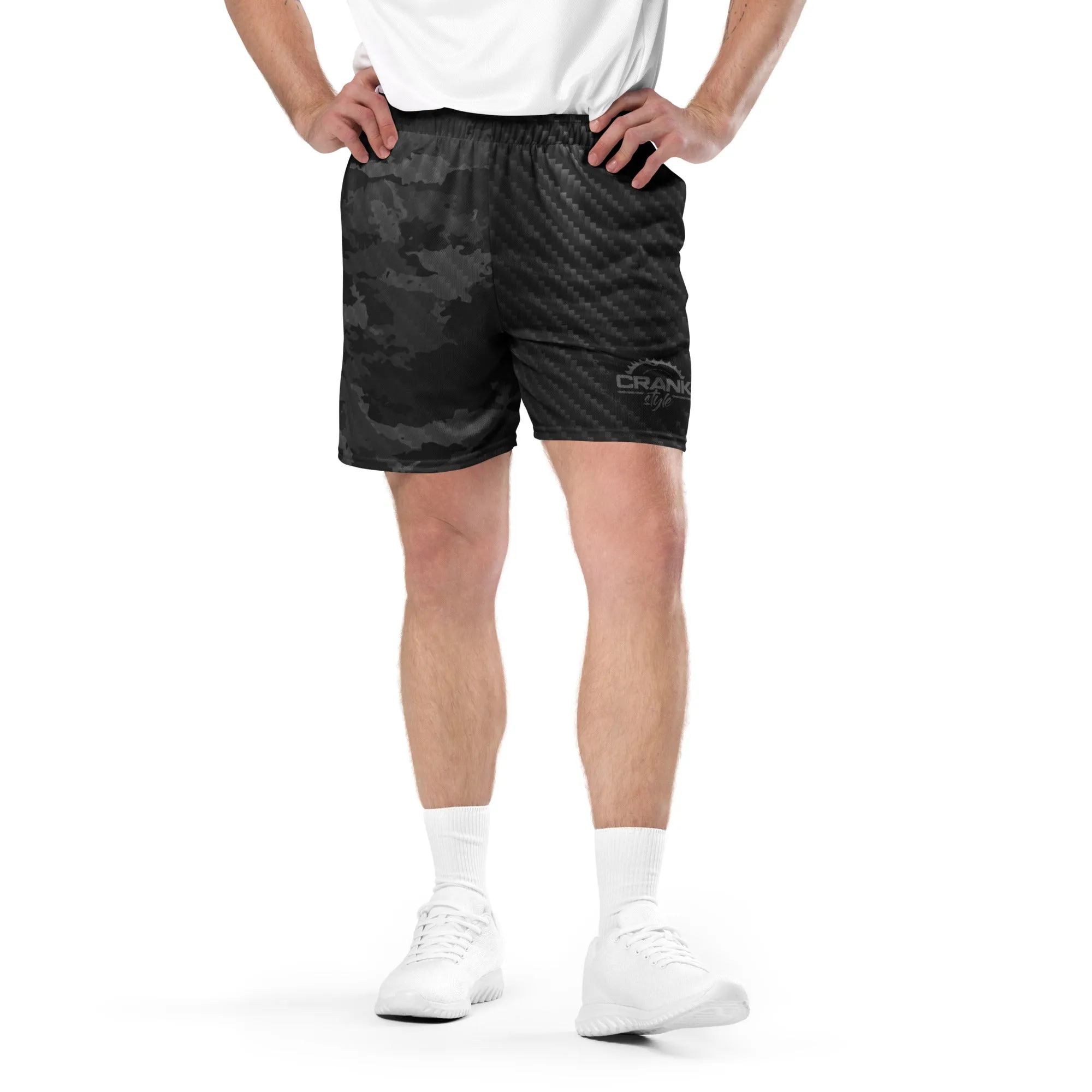 Unisex black camo and carbon fiber mesh shorts