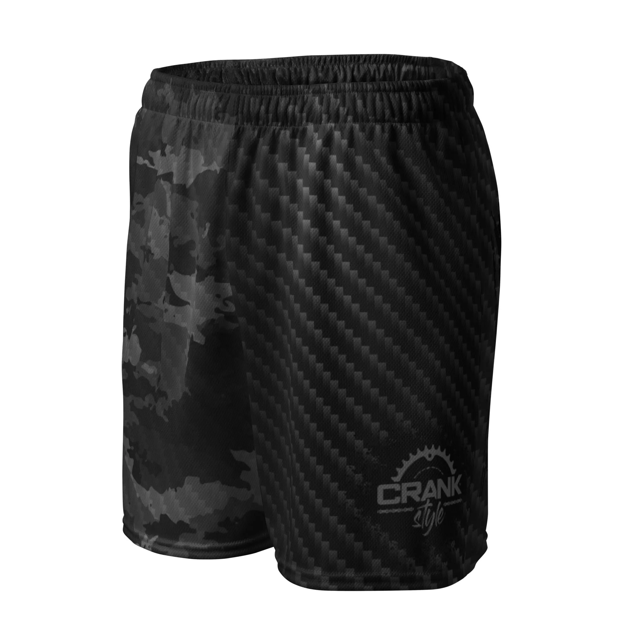 Unisex black camo and carbon fiber mesh shorts