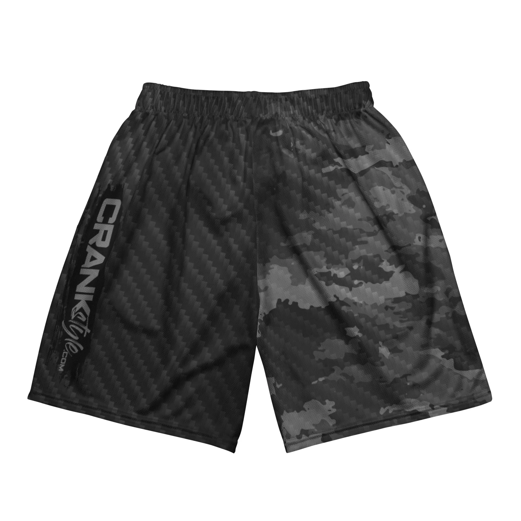 Unisex black camo and carbon fiber mesh shorts
