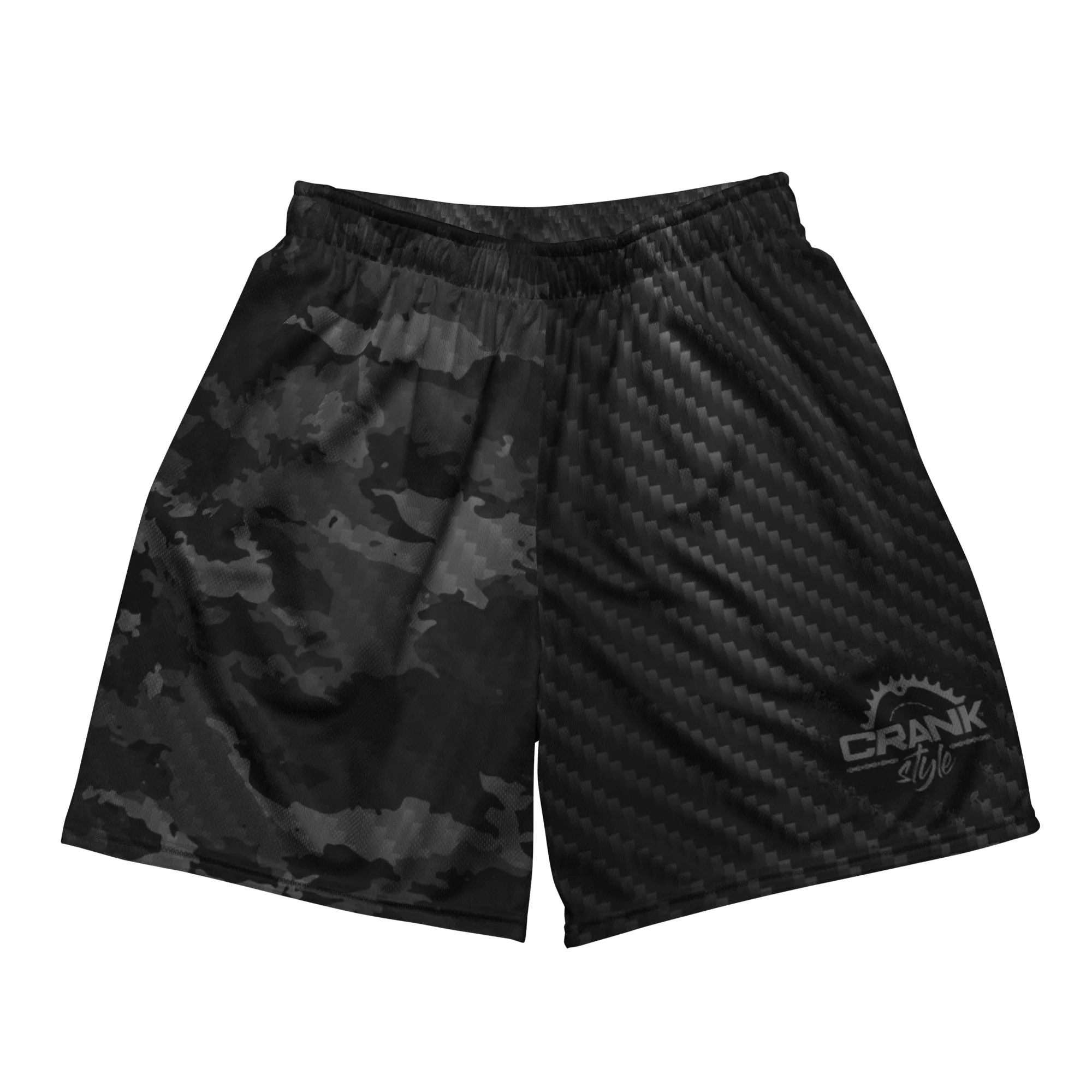 Unisex black camo and carbon fiber mesh shorts