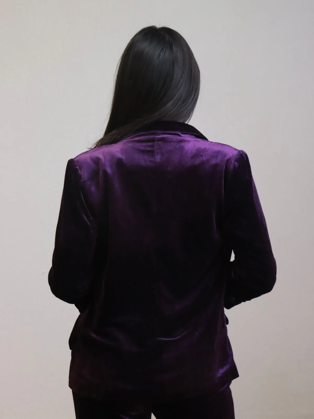 Velvet Blazer Ruched Sleeves Plum