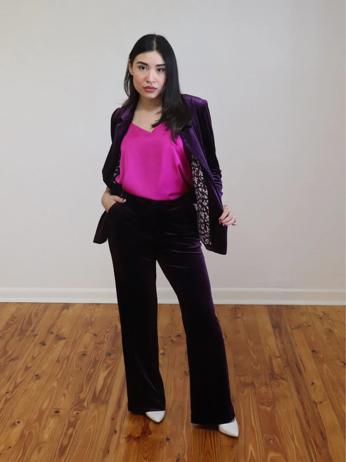 Velvet Blazer Ruched Sleeves Plum