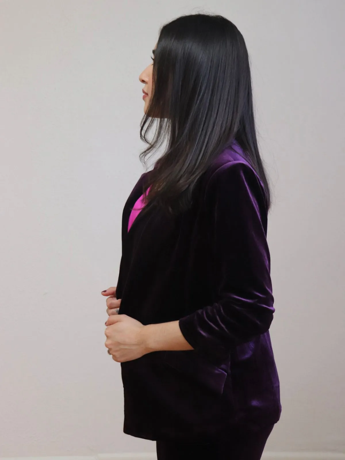 Velvet Blazer Ruched Sleeves Plum