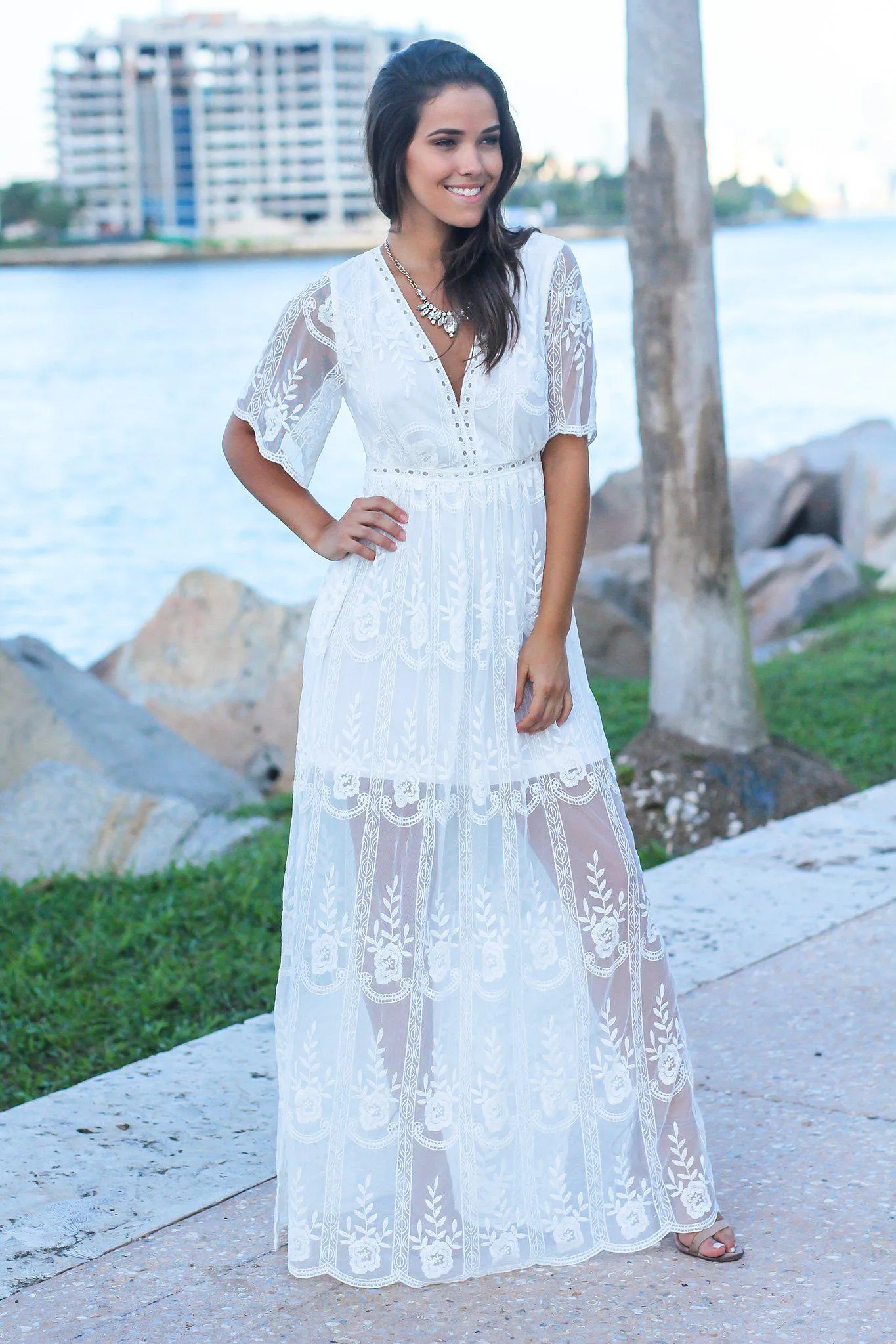 White Lace Embroidered Maxi Dress
