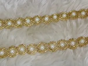 White Pearl Golden Cutdana Beads Work Embroidered Border