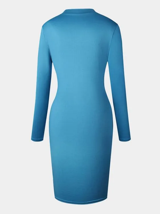 Wholesale Blue Crew Neck Long Sleeve Embroidered Bodycon Hem Casual Dresses