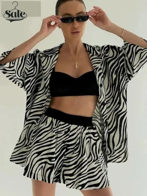 Women's 2 Piece Zebra Print Shirt & Shorts in Hawaiian Style