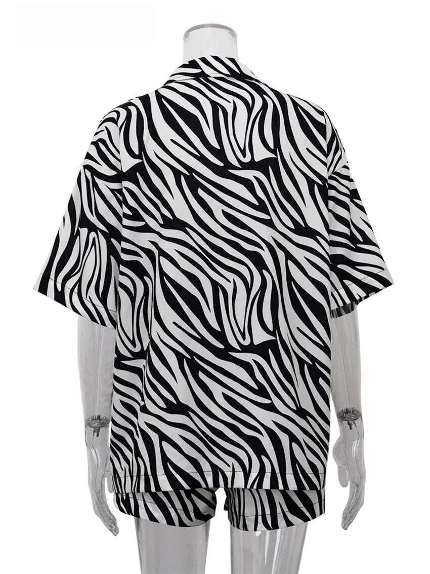 Women's 2 Piece Zebra Print Shirt & Shorts in Hawaiian Style