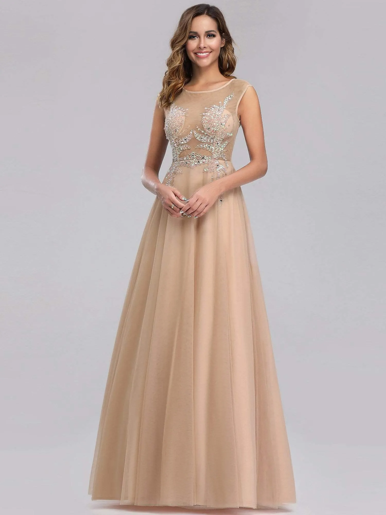 Women's A-Line See-through Cap Sleeve Evening Dress