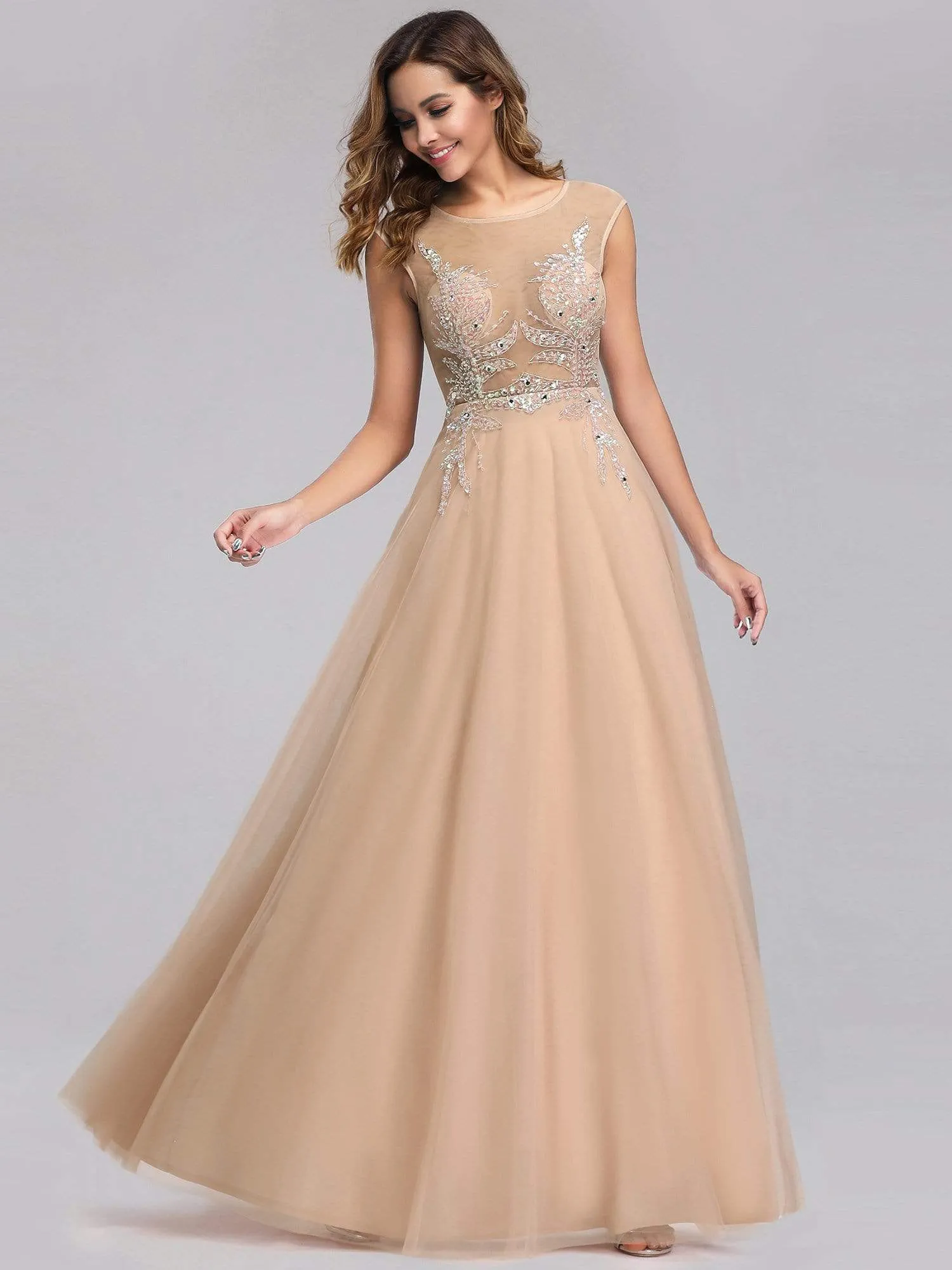 Women's A-Line See-through Cap Sleeve Evening Dress