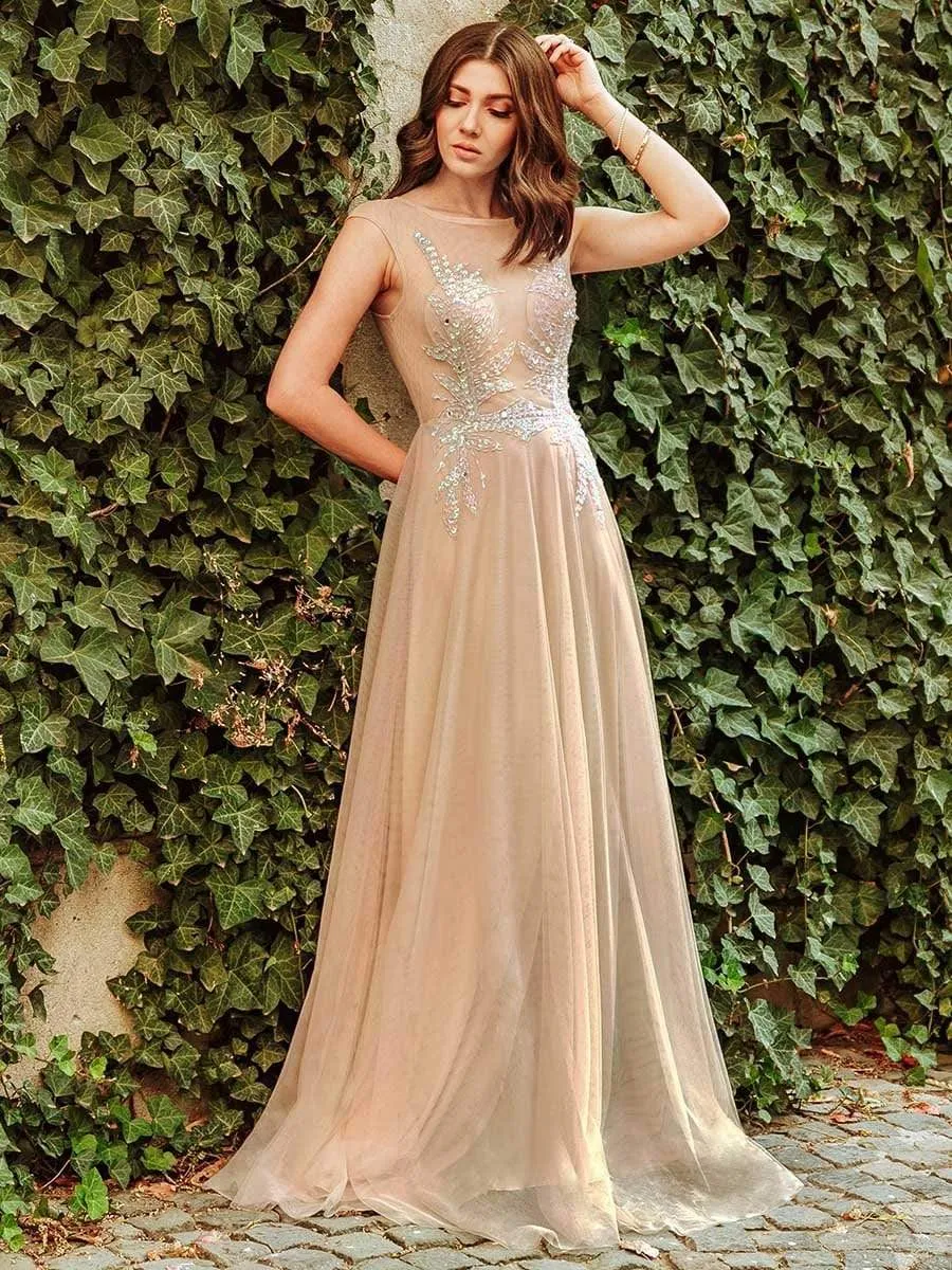 Women's A-Line See-through Cap Sleeve Evening Dress