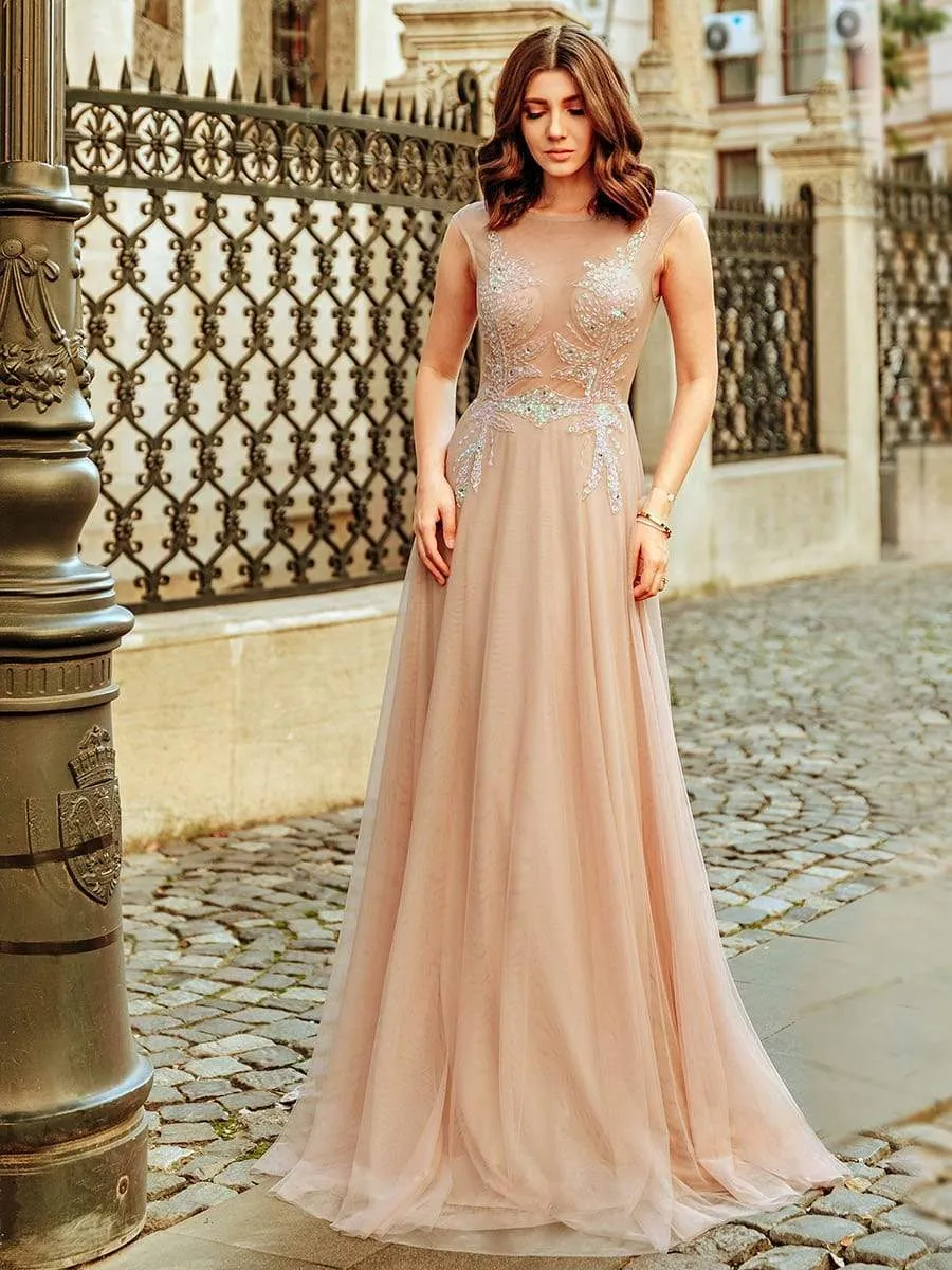 Women's A-Line See-through Cap Sleeve Evening Dress