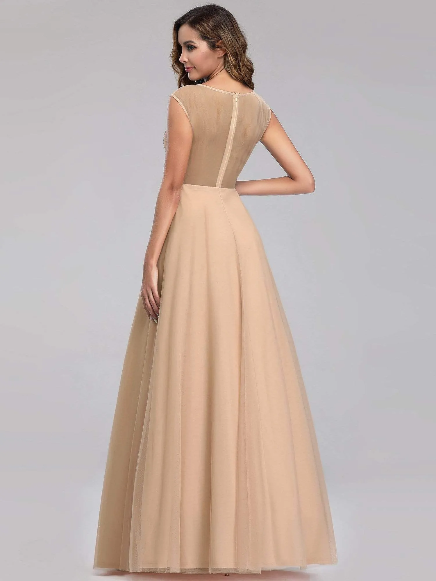 Women's A-Line See-through Cap Sleeve Evening Dress