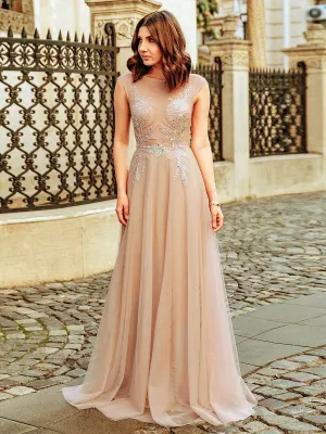 Women's A-Line See-through Cap Sleeve Evening Dress