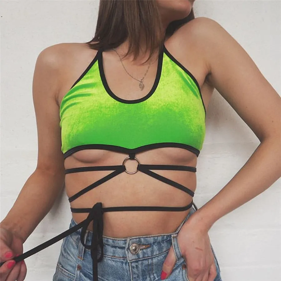 Women's Summer Velour Bandage Strappy Crop Top With Ribbons