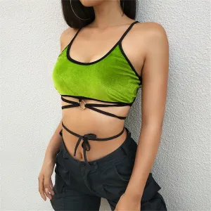 Women's Summer Velour Bandage Strappy Crop Top With Ribbons
