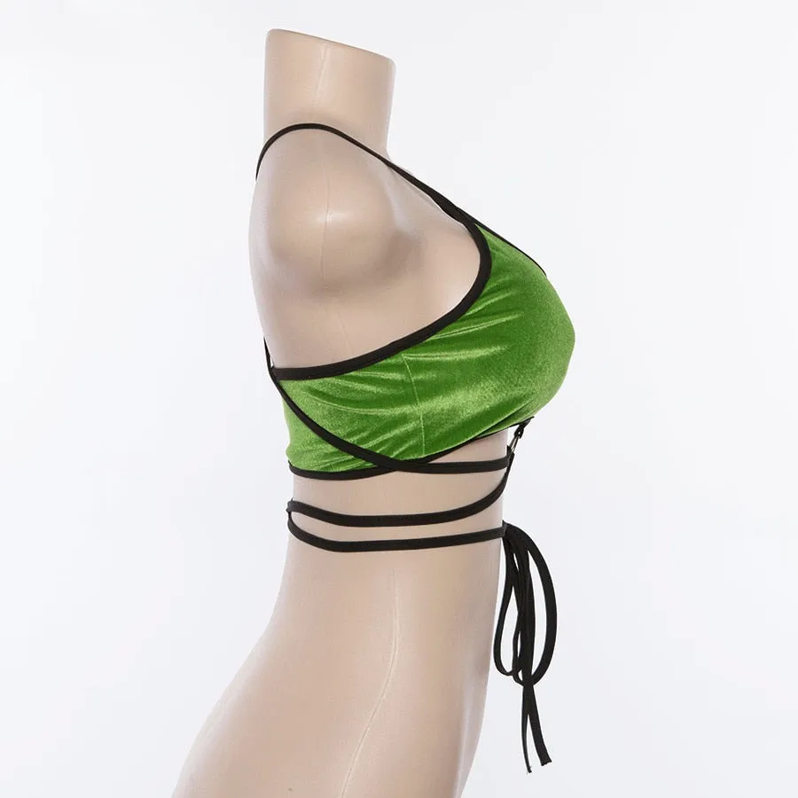 Women's Summer Velour Bandage Strappy Crop Top With Ribbons