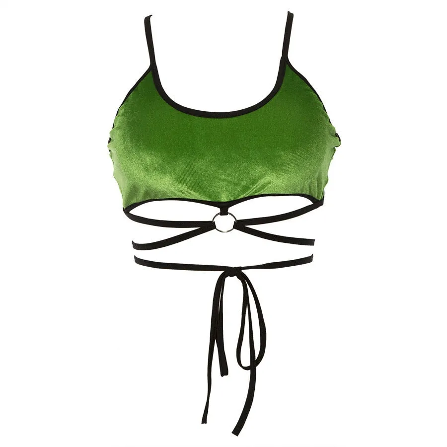 Women's Summer Velour Bandage Strappy Crop Top With Ribbons
