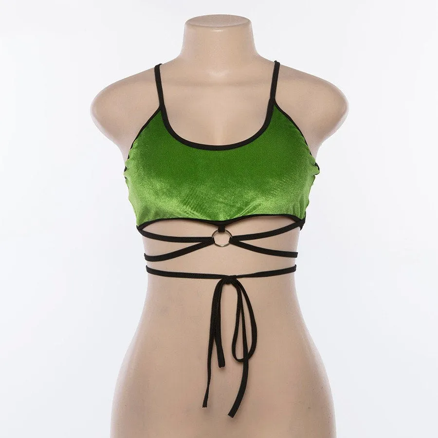 Women's Summer Velour Bandage Strappy Crop Top With Ribbons